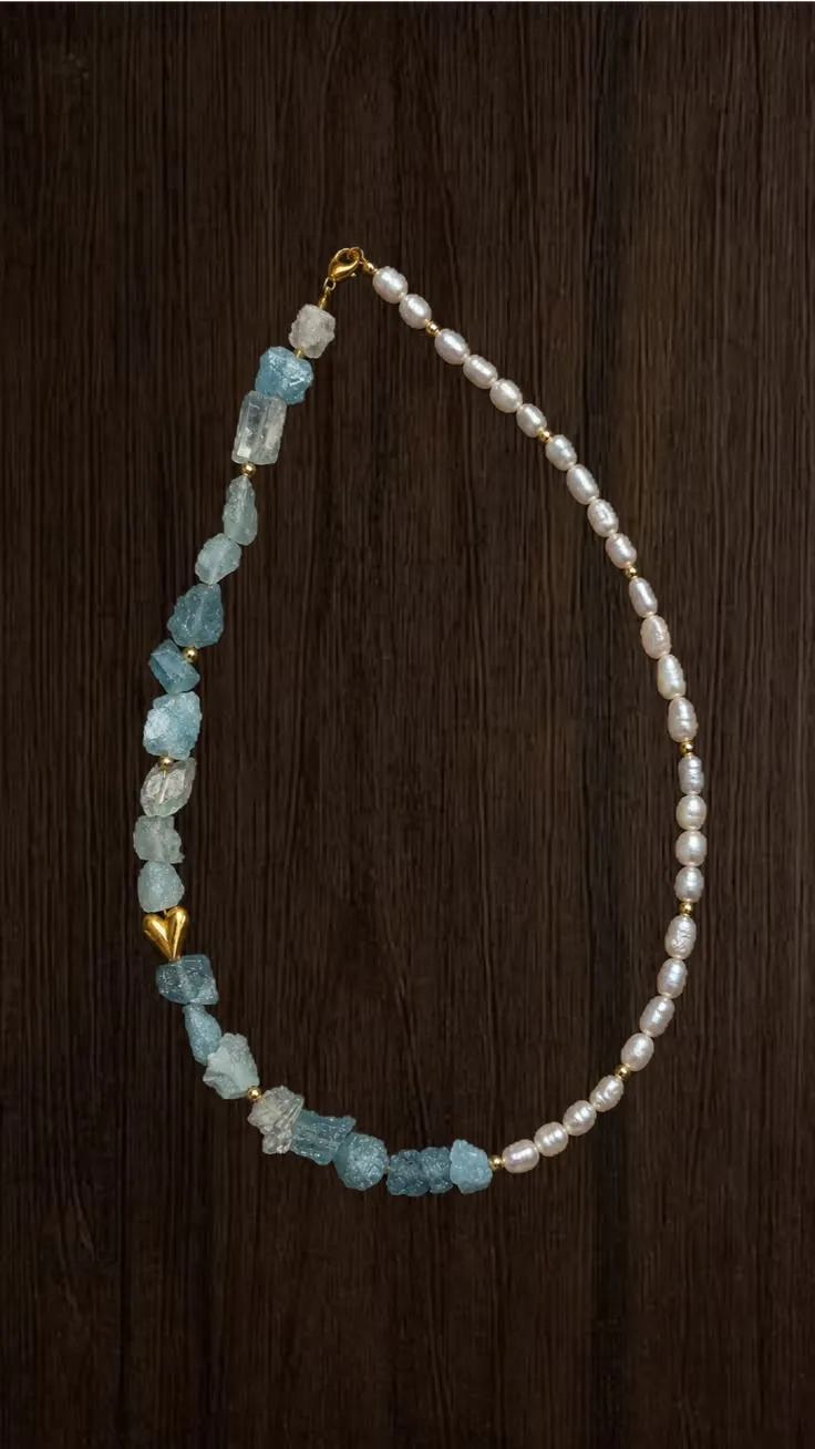 Necklace Acvamarin · Better Half — raw aquamarine · gold-plated heart
