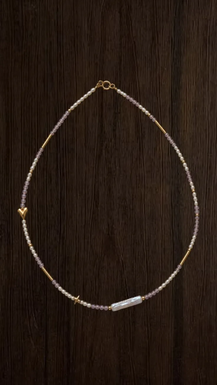 Necklace Blush · Classic — white pearls · soft lilac · gold accents