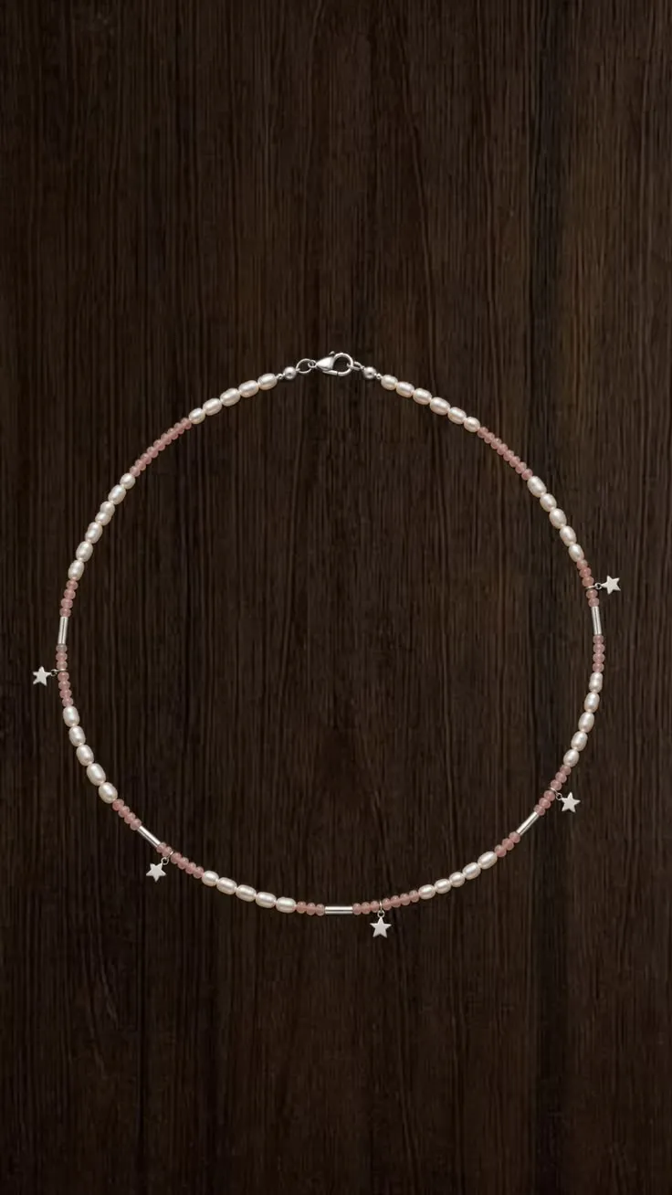 Necklace Blush · Stars — white pearls · powder pink · silver stars
